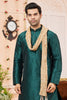 Latest Rama Green Art Silk Kurta Pyjama Set for Men with Golden Stole