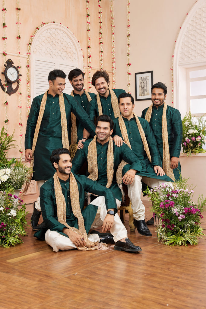 Latest Rama Green Art Silk Kurta Pyjama Set for Men with Golden Stole