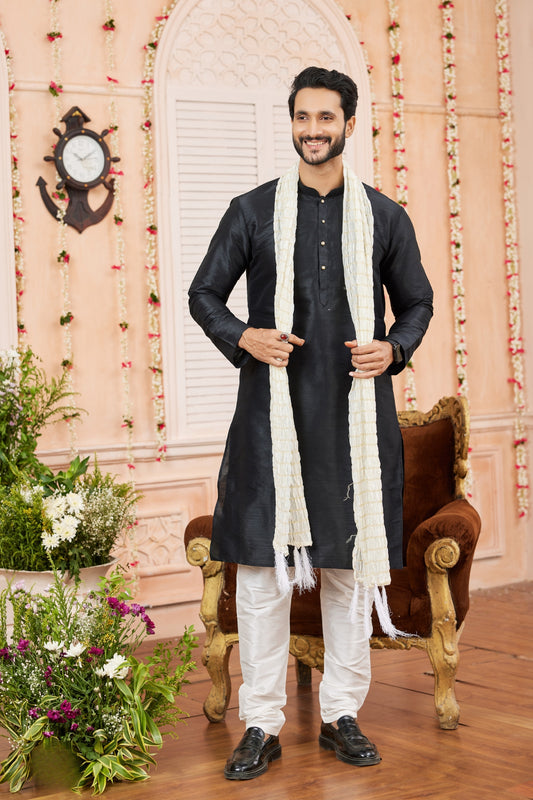 Beautiful Black Art Silk Kurta Pyjama Set for Men with White Stole