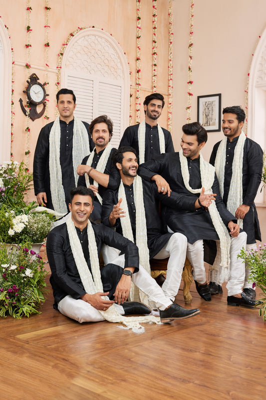 Beautiful Black Art Silk Kurta Pyjama Set for Men with White Stole