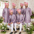 Premium Lavender Art Banarasi Silk Kurta Pyjama Set for Men with Designer Nehru Jacket