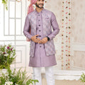 Premium Lavender Art Banarasi Silk Kurta Pyjama Set for Men with Designer Nehru Jacket