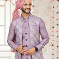 Premium Lavender Art Banarasi Silk Kurta Pyjama Set for Men with Designer Nehru Jacket