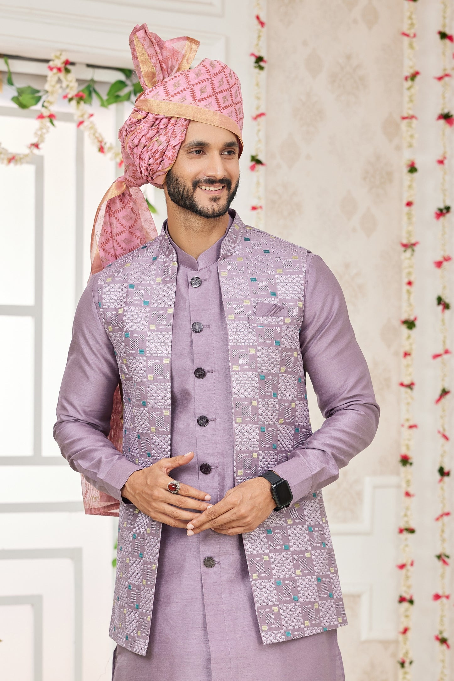 Premium Lavender Art Banarasi Silk Kurta Pyjama Set for Men with Designer Nehru Jacket