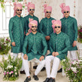 Stylish Teal Green Art Banarasi Silk Kurta Pyjama Set for Men with Designer Nehru Jacket