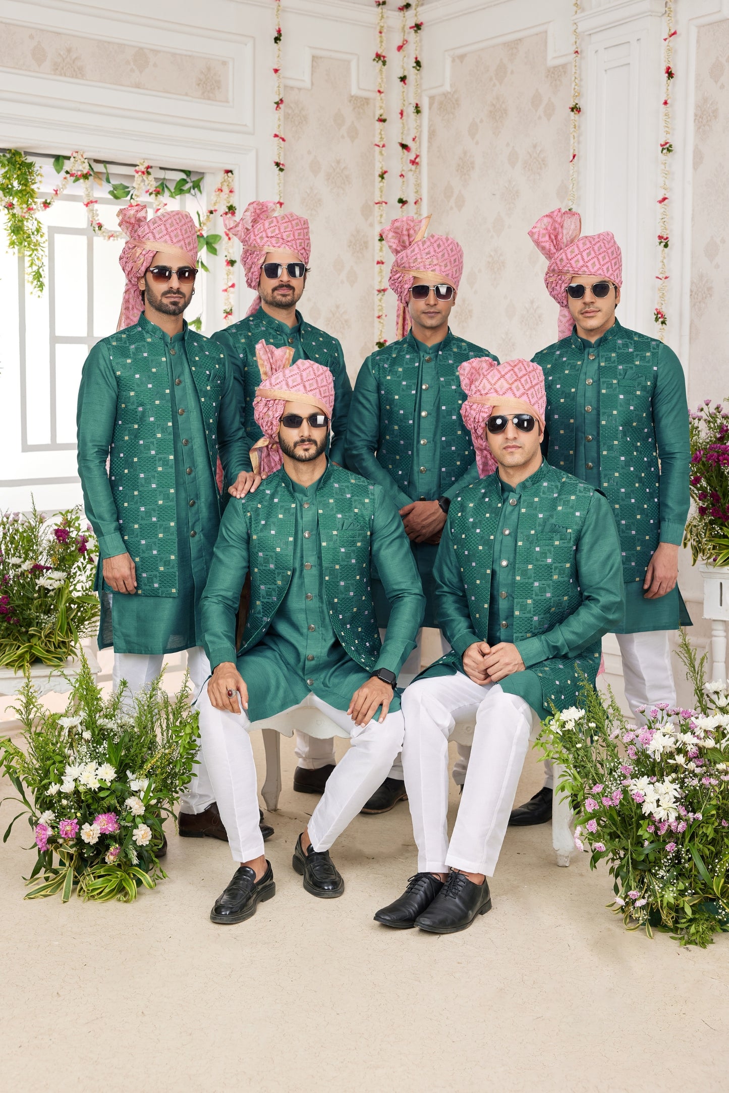 Stylish Teal Green Art Banarasi Silk Kurta Pyjama Set for Men with Designer Nehru Jacket