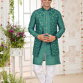 Stylish Teal Green Art Banarasi Silk Kurta Pyjama Set for Men with Designer Nehru Jacket