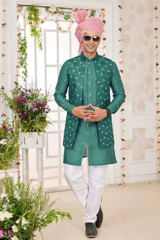 Stylish Teal Green Art Banarasi Silk Kurta Pyjama Set for Men with Designer Nehru Jacket