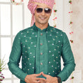 Stylish Teal Green Art Banarasi Silk Kurta Pyjama Set for Men with Designer Nehru Jacket