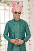 Stylish Teal Green Art Banarasi Silk Kurta Pyjama Set for Men with Designer Nehru Jacket