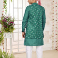Stylish Teal Green Art Banarasi Silk Kurta Pyjama Set for Men with Designer Nehru Jacket