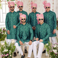 Stylish Teal Green Art Banarasi Silk Kurta Pyjama Set for Men with Designer Nehru Jacket