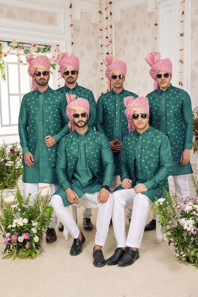 Stylish Teal Green Art Banarasi Silk Kurta Pyjama Set for Men with Designer Nehru Jacket