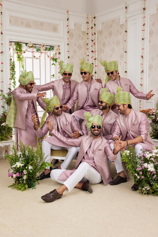 Elegant Pink Art Banarasi Silk Kurta Pyjama Set for Men with Designer Nehru Jacket
