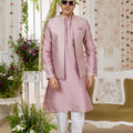 Elegant Pink Art Banarasi Silk Kurta Pyjama Set for Men with Designer Nehru Jacket