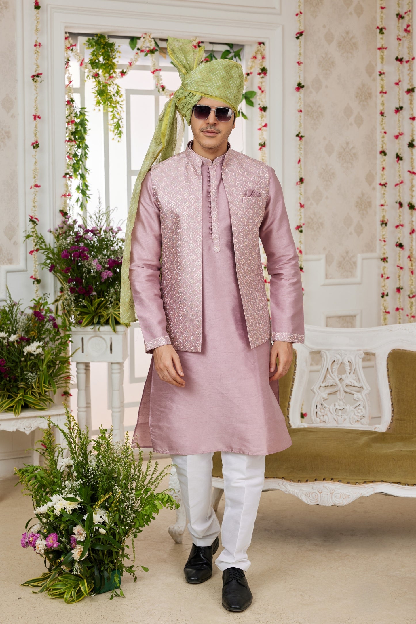 Elegant Pink Art Banarasi Silk Kurta Pyjama Set for Men with Designer Nehru Jacket