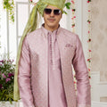 Elegant Pink Art Banarasi Silk Kurta Pyjama Set for Men with Designer Nehru Jacket