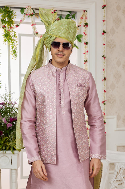Elegant Pink Art Banarasi Silk Kurta Pyjama Set for Men with Designer Nehru Jacket