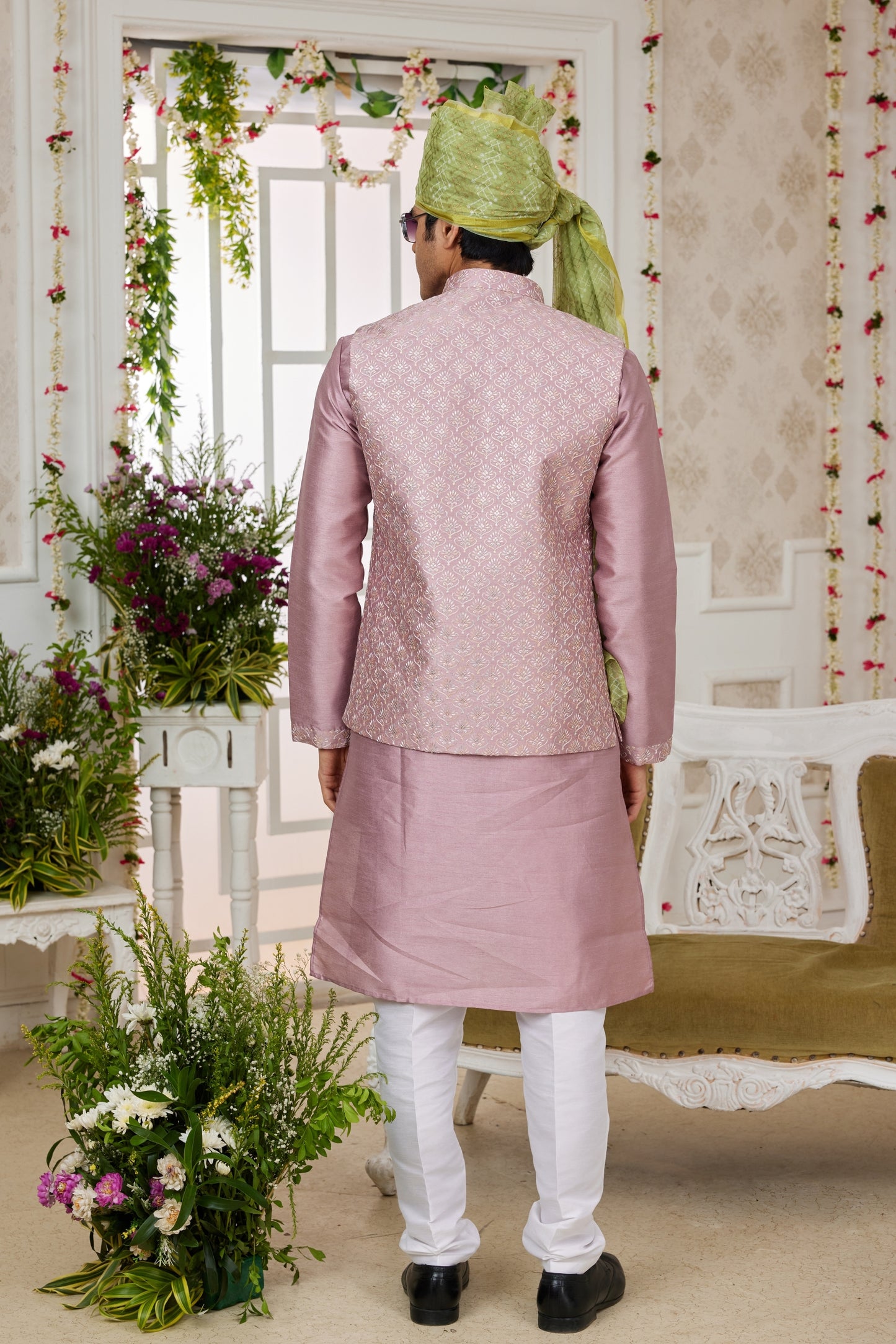 Elegant Pink Art Banarasi Silk Kurta Pyjama Set for Men with Designer Nehru Jacket
