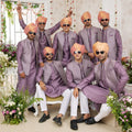 Superb Lavender Art Banarasi Silk Kurta Pyjama Set for Men with Designer Nehru Jacket