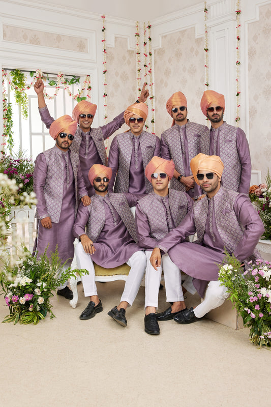 Superb Lavender Art Banarasi Silk Kurta Pyjama Set for Men with Designer Nehru Jacket
