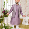 Superb Lavender Art Banarasi Silk Kurta Pyjama Set for Men with Designer Nehru Jacket