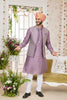 Superb Lavender Art Banarasi Silk Kurta Pyjama Set for Men with Designer Nehru Jacket