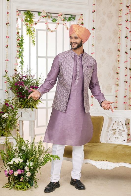 Superb Lavender Art Banarasi Silk Kurta Pyjama Set for Men with Designer Nehru Jacket