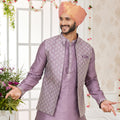 Superb Lavender Art Banarasi Silk Kurta Pyjama Set for Men with Designer Nehru Jacket