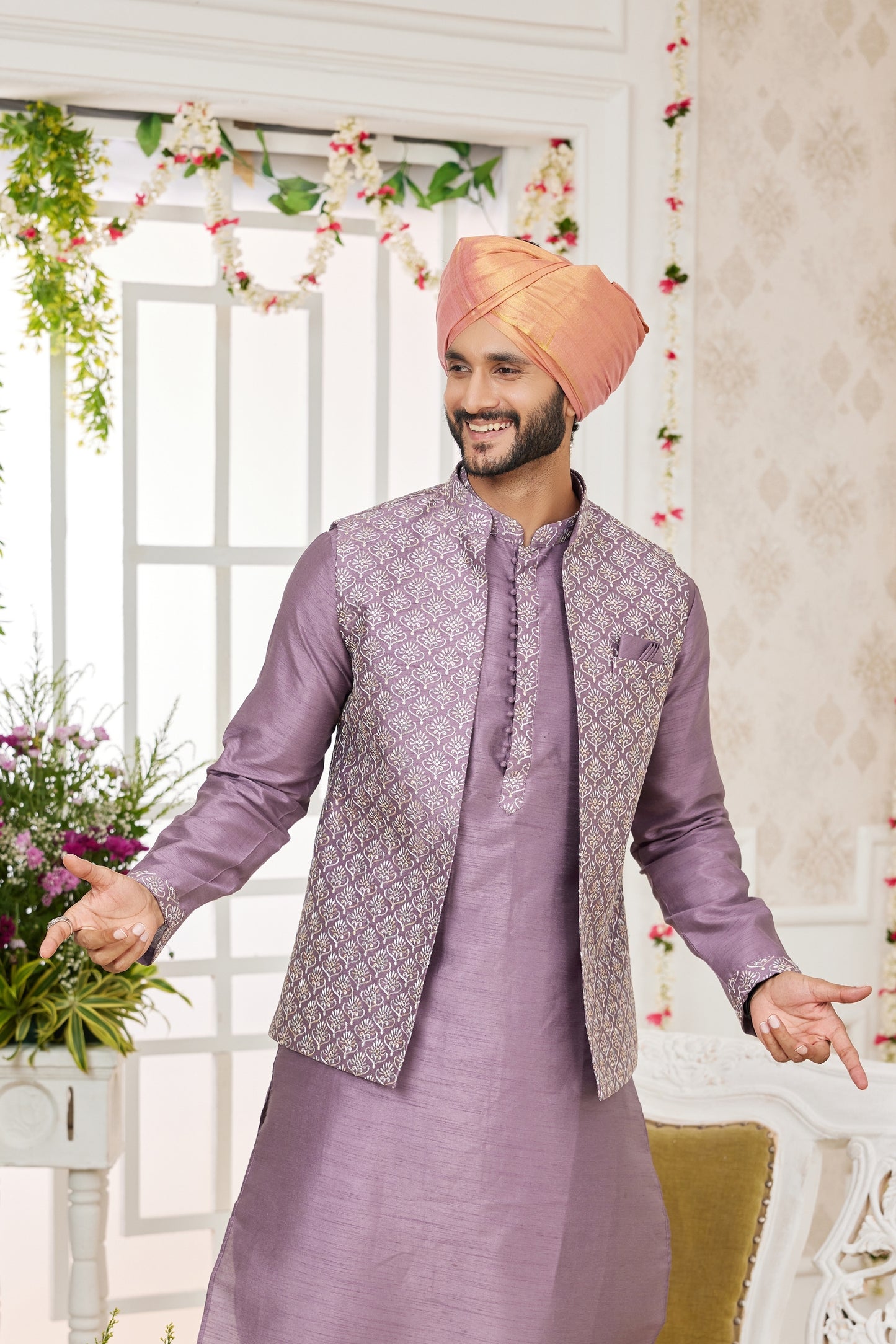 Superb Lavender Art Banarasi Silk Kurta Pyjama Set for Men with Designer Nehru Jacket