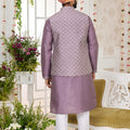 Superb Lavender Art Banarasi Silk Kurta Pyjama Set for Men with Designer Nehru Jacket