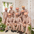 Handsome Beige Art Banarasi Silk Kurta Pyjama Set for Men with Designer Nehru Jacket