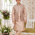 Handsome Beige Art Banarasi Silk Kurta Pyjama Set for Men with Designer Nehru Jacket
