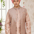 Handsome Beige Art Banarasi Silk Kurta Pyjama Set for Men with Designer Nehru Jacket