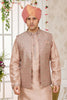 Handsome Beige Art Banarasi Silk Kurta Pyjama Set for Men with Designer Nehru Jacket