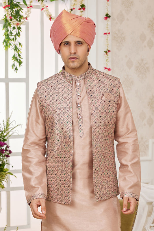 Handsome Beige Art Banarasi Silk Kurta Pyjama Set for Men with Designer Nehru Jacket