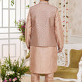 Handsome Beige Art Banarasi Silk Kurta Pyjama Set for Men with Designer Nehru Jacket