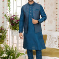 Designer Teal Blue Art Banarasi Silk Kurta Pyjama Set for Men with Designer Nehru Jacket