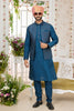 Designer Teal Blue Art Banarasi Silk Kurta Pyjama Set for Men with Designer Nehru Jacket