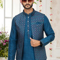 Designer Teal Blue Art Banarasi Silk Kurta Pyjama Set for Men with Designer Nehru Jacket