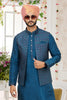 Designer Teal Blue Art Banarasi Silk Kurta Pyjama Set for Men with Designer Nehru Jacket