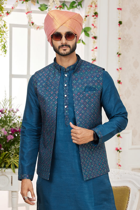 Designer Teal Blue Art Banarasi Silk Kurta Pyjama Set for Men with Designer Nehru Jacket