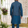 Designer Teal Blue Art Banarasi Silk Kurta Pyjama Set for Men with Designer Nehru Jacket