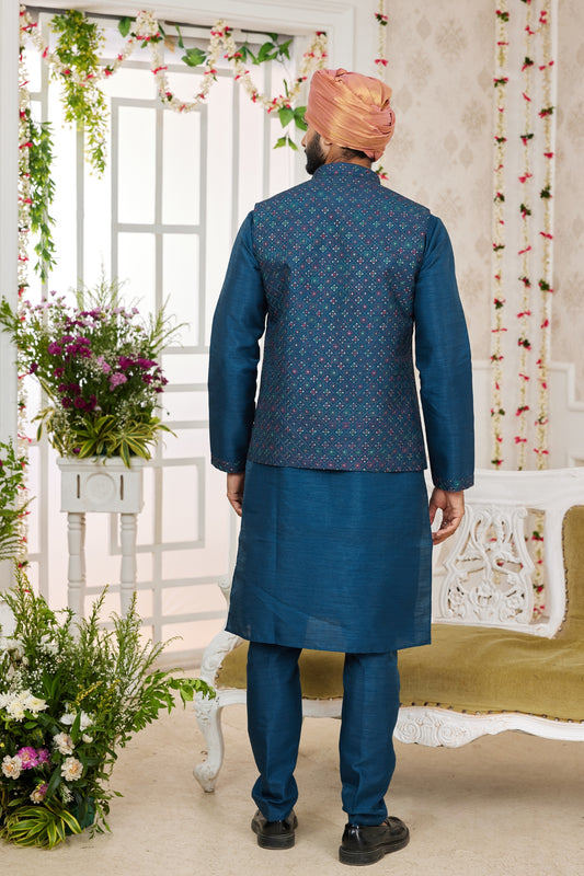 Designer Teal Blue Art Banarasi Silk Kurta Pyjama Set for Men with Designer Nehru Jacket