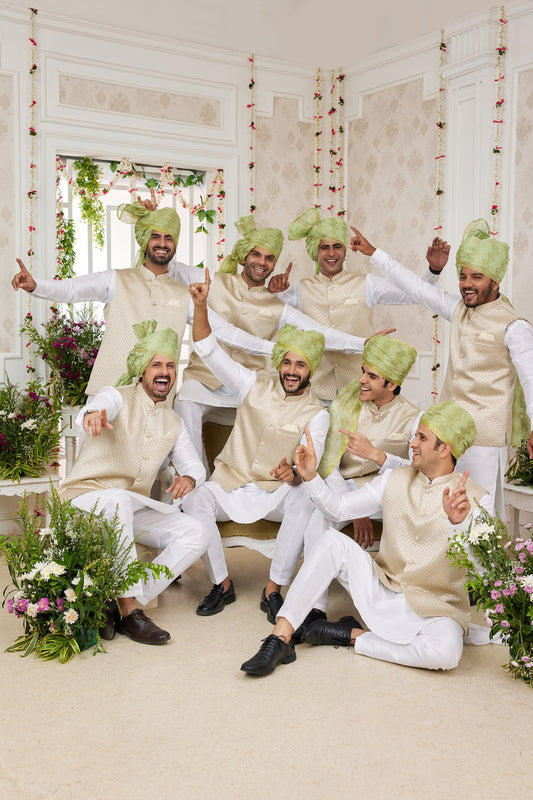 Charming Off White Art Banarasi Silk Kurta Pyjama Set for Men with Designer Nehru Jacket
