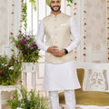 Charming Off White Art Banarasi Silk Kurta Pyjama Set for Men with Designer Nehru Jacket