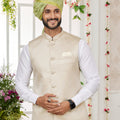 Charming Off White Art Banarasi Silk Kurta Pyjama Set for Men with Designer Nehru Jacket