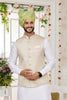 Charming Off White Art Banarasi Silk Kurta Pyjama Set for Men with Designer Nehru Jacket