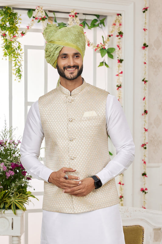 Charming Off White Art Banarasi Silk Kurta Pyjama Set for Men with Designer Nehru Jacket