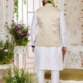 Charming Off White Art Banarasi Silk Kurta Pyjama Set for Men with Designer Nehru Jacket
